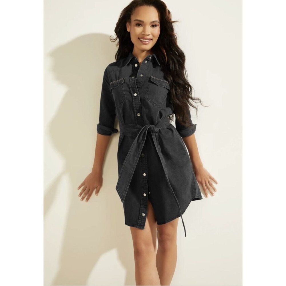 Guess Women’s Shirt Dress Long Sleeves Black With Belt Size L